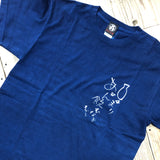 Indigo-dyed T-shirt: "Don't drink too much!"