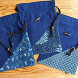 Indigo-dyed drawstring pouch